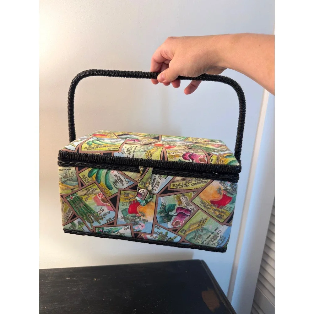 Vintage Sewing Basket Vegetable Seed Packet Print Wicker Handle Organizer